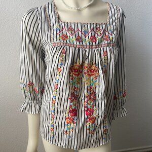 Savanna Jane Floral Embroidered Blouse Striped Ruffle Sleeve Square Neck Size L